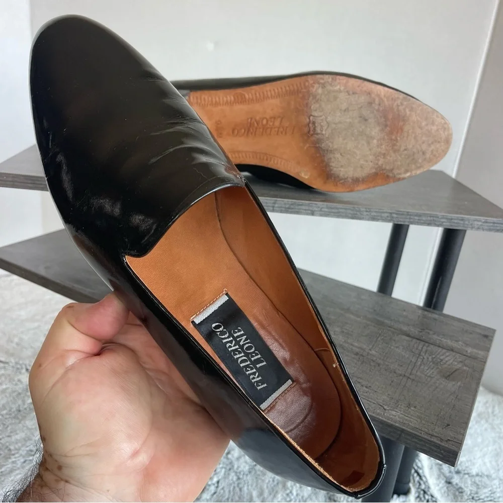 Federico Leone Black Leather Men’s Slip-On Tuxedo Loafers Elegant Shoes Size 9.5